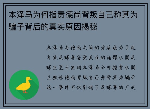 本泽马为何指责德尚背叛自己称其为骗子背后的真实原因揭秘