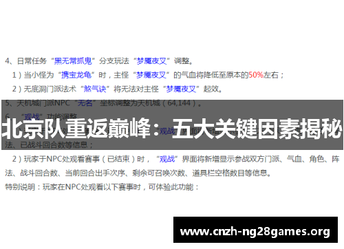 北京队重返巅峰：五大关键因素揭秘