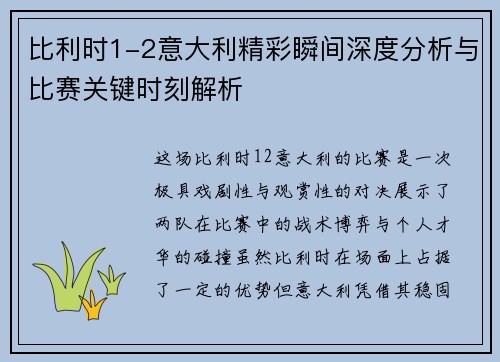 比利时1-2意大利精彩瞬间深度分析与比赛关键时刻解析